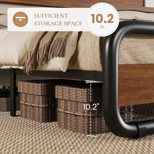 Alt view image 4 of 6 - Queen Size Metal Bed Frame with Wooden Headboard and Footboard, Heavy Duty Oval-Shaped Platform Bed with Under-Bed Storage, Noise Free, No Box Spring Needed, Vintage Walnut