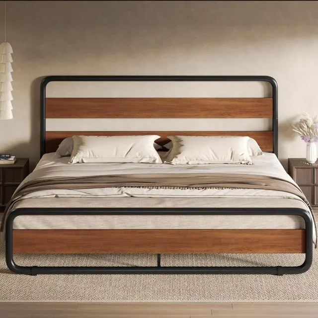 Alt view image 6 of 6 - Queen Size Metal Bed Frame with Wooden Headboard and Footboard, Heavy Duty Oval-Shaped Platform Bed with Under-Bed Storage, Noise Free, No Box Spring Needed, Vintage Walnut