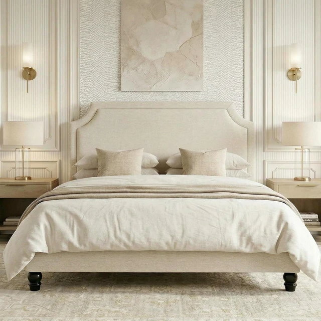 Main image of King Size Upholstered Platform Bed Frame, 50.6"-54.5" Tall Adjustable Minimalist Chenille Headboard, Strong Support, Noise-Free, No Box Spring Required, Beige