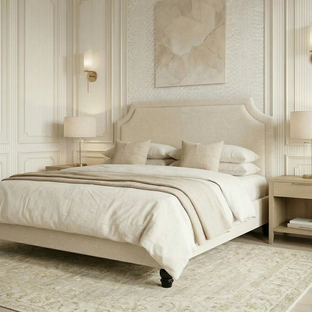 Alt view image 3 of 7 - King Size Upholstered Platform Bed Frame, 50.6"-54.5" Tall Adjustable Minimalist Chenille Headboard, Strong Support, Noise-Free, No Box Spring Required, Beige