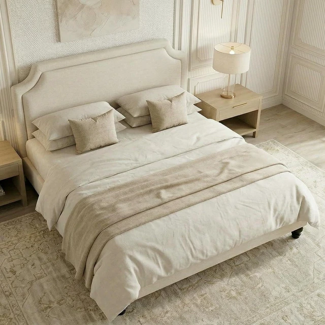 Alt view image 4 of 7 - King Size Upholstered Platform Bed Frame, 50.6"-54.5" Tall Adjustable Minimalist Chenille Headboard, Strong Support, Noise-Free, No Box Spring Required, Beige