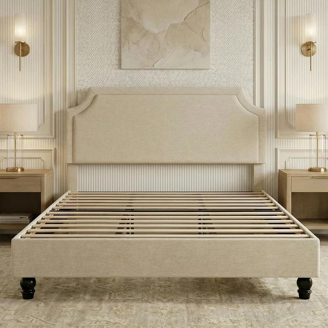 Alt view image 5 of 7 - King Size Upholstered Platform Bed Frame, 50.6"-54.5" Tall Adjustable Minimalist Chenille Headboard, Strong Support, Noise-Free, No Box Spring Required, Beige