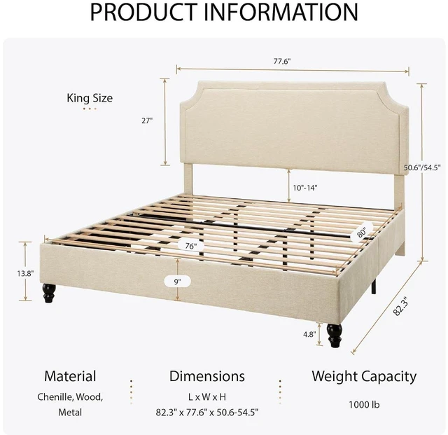 Alt view image 2 of 7 - King Size Upholstered Platform Bed Frame, 50.6"-54.5" Tall Adjustable Minimalist Chenille Headboard, Strong Support, Noise-Free, No Box Spring Required, Beige