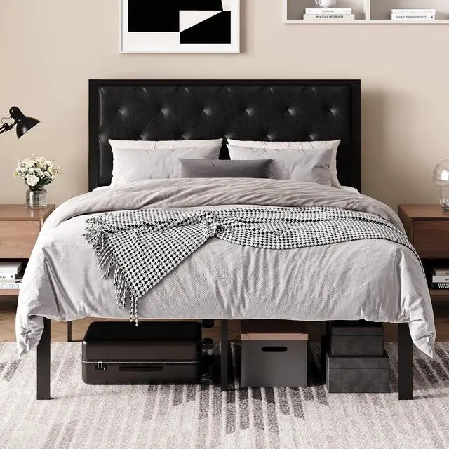 Main image of Queen Size Metal Bed Frame with PU Tufted Headboard, Black | Modern Design Heavy-Duty Platform Bed, No Box Spring Need, PU Leather Upholstery, Noise Free, Easy Assembly