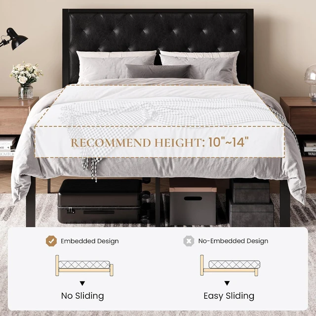 Alt view image 7 of 7 - Full Size Metal Bed Frame with PU Tufted Headboard, Black | Modern Design Heavy-Duty Platform Bed, No Box Spring Need, PU Leather Upholstery, Noise Free, Easy Assembly