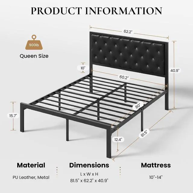 Alt view image 2 of 7 - Queen Size Metal Bed Frame with PU Tufted Headboard, Black | Modern Design Heavy-Duty Platform Bed, No Box Spring Need, PU Leather Upholstery, Noise Free, Easy Assembly