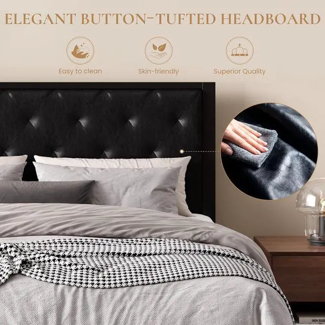 Alt view image 3 of 7 - Queen Size Metal Bed Frame with PU Tufted Headboard, Black | Modern Design Heavy-Duty Platform Bed, No Box Spring Need, PU Leather Upholstery, Noise Free, Easy Assembly