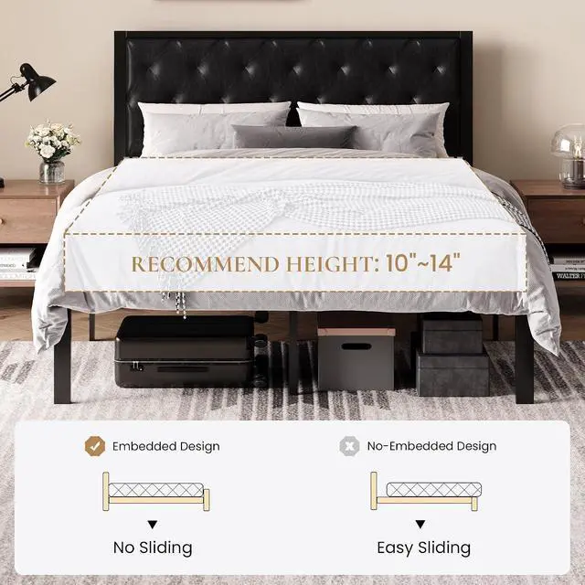 Alt view image 7 of 7 - Queen Size Metal Bed Frame with PU Tufted Headboard, Black | Modern Design Heavy-Duty Platform Bed, No Box Spring Need, PU Leather Upholstery, Noise Free, Easy Assembly