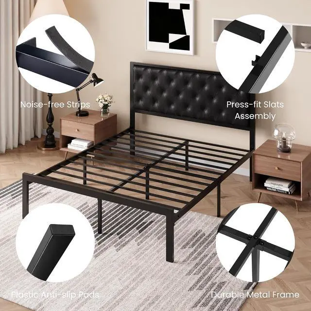 Alt view image 6 of 7 - Queen Size Metal Bed Frame with PU Tufted Headboard, Black | Modern Design Heavy-Duty Platform Bed, No Box Spring Need, PU Leather Upholstery, Noise Free, Easy Assembly