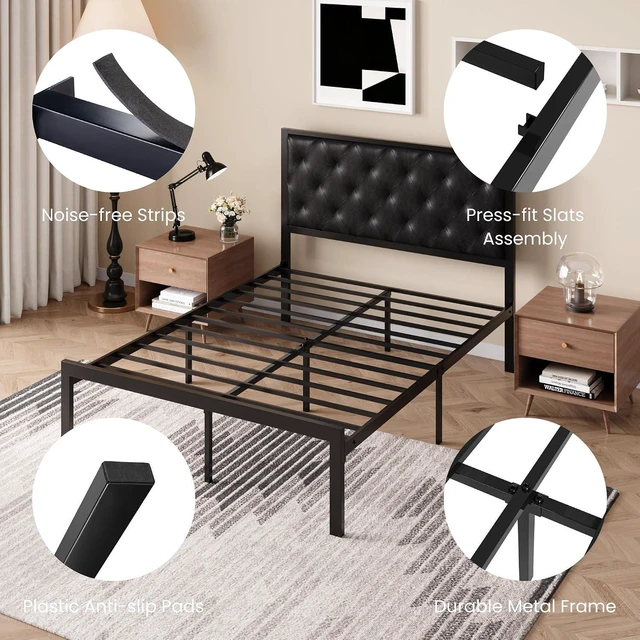 Alt view image 6 of 7 - Full Size Metal Bed Frame with PU Tufted Headboard, Black | Modern Design Heavy-Duty Platform Bed, No Box Spring Need, PU Leather Upholstery, Noise Free, Easy Assembly