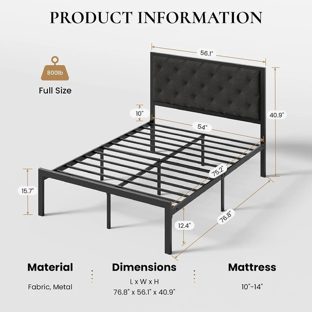 Alt view image 2 of 7 - Full Size Metal Bed Frame with Linen Tufted Headboard, Dark Gray | Modern Design Heavy-Duty Platform Bed, No Box Spring Need, Linen Fabric Upholstery, Noise Free, Easy Assembly
