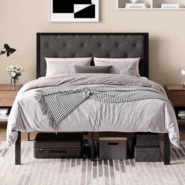Main image of Full Size Metal Bed Frame with Linen Tufted Headboard, Dark Gray | Modern Design Heavy-Duty Platform Bed, No Box Spring Need, Linen Fabric Upholstery, Noise Free, Easy Assembly