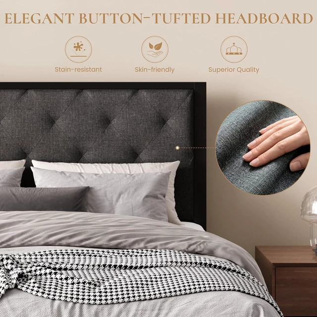Alt view image 3 of 7 - Full Size Metal Bed Frame with Linen Tufted Headboard, Dark Gray | Modern Design Heavy-Duty Platform Bed, No Box Spring Need, Linen Fabric Upholstery, Noise Free, Easy Assembly