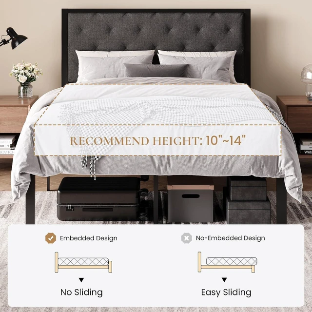 Alt view image 7 of 7 - Full Size Metal Bed Frame with Linen Tufted Headboard, Dark Gray | Modern Design Heavy-Duty Platform Bed, No Box Spring Need, Linen Fabric Upholstery, Noise Free, Easy Assembly