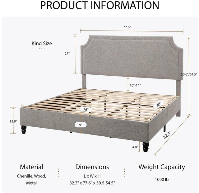 Alt view image 2 of 7 - King Size Upholstered Platform Bed Frame, 50.6"-54.5" Height Adjustable Minimalist Chenille Headboard, Strong Support, Noise-Free, No Box Spring Required, Grey