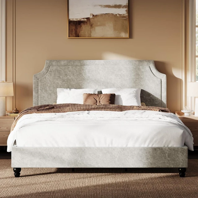 Alt view image 3 of 7 - King Size Upholstered Platform Bed Frame, 50.6"-54.5" Height Adjustable Minimalist Chenille Headboard, Strong Support, Noise-Free, No Box Spring Required, Grey