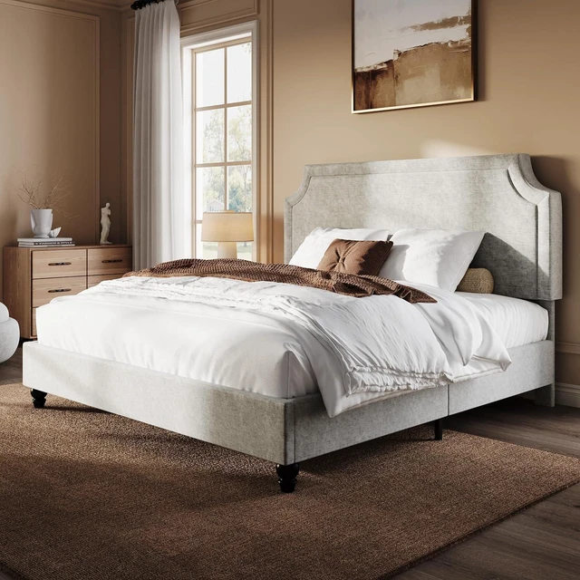 Alt view image 4 of 7 - King Size Upholstered Platform Bed Frame, 50.6"-54.5" Height Adjustable Minimalist Chenille Headboard, Strong Support, Noise-Free, No Box Spring Required, Grey