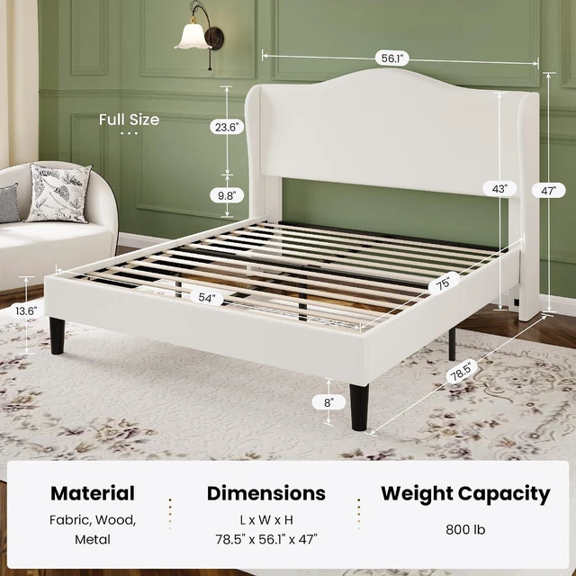 Alt view image 2 of 7 - Full Size Velvet Platform Bed Frame with Elegant Wingback Headboard, Modern & Luxurious Design, Sturdy Wooden Slats, No Box Spring Required, Easy Assembly, Noise-Free, Soft White