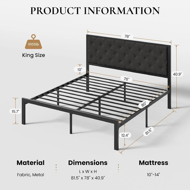 Alt view image 2 of 7 - King Size Metal Bed Frame with Linen Tufted Headboard, Dark Gray | Modern Design Heavy-Duty Platform Bed, No Box Spring Need, Linen Fabric Upholstery, Noise Free, Easy Assembly