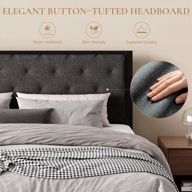 Alt view image 3 of 7 - King Size Metal Bed Frame with Linen Tufted Headboard, Dark Gray | Modern Design Heavy-Duty Platform Bed, No Box Spring Need, Linen Fabric Upholstery, Noise Free, Easy Assembly