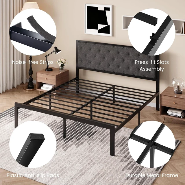 Alt view image 6 of 7 - King Size Metal Bed Frame with Linen Tufted Headboard, Dark Gray | Modern Design Heavy-Duty Platform Bed, No Box Spring Need, Linen Fabric Upholstery, Noise Free, Easy Assembly