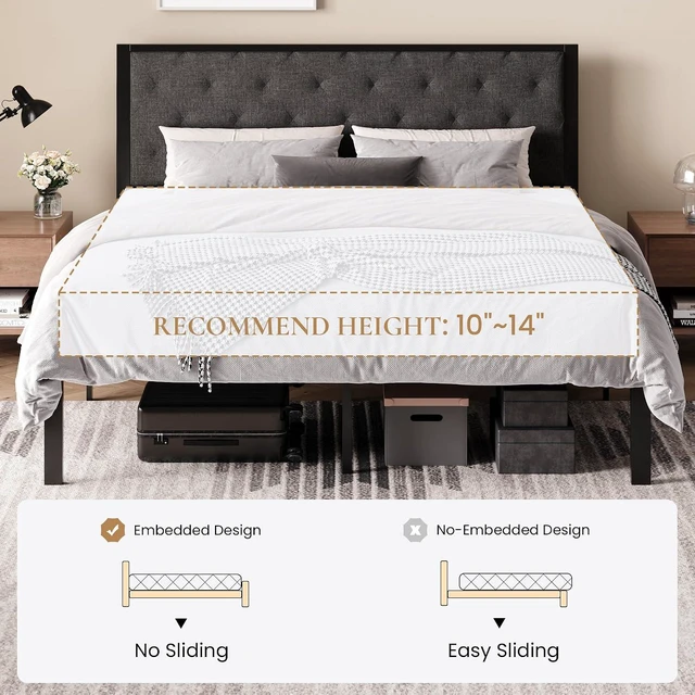 Alt view image 7 of 7 - King Size Metal Bed Frame with Linen Tufted Headboard, Dark Gray | Modern Design Heavy-Duty Platform Bed, No Box Spring Need, Linen Fabric Upholstery, Noise Free, Easy Assembly