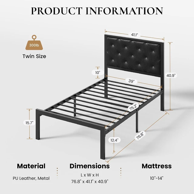Alt view image 2 of 7 - Twin Size Metal Bed Frame with PU Tufted Headboard, Black | Modern Design Heavy-Duty Platform Bed, No Box Spring Need, PU Leather Upholstery, Noise Free, Easy Assembly