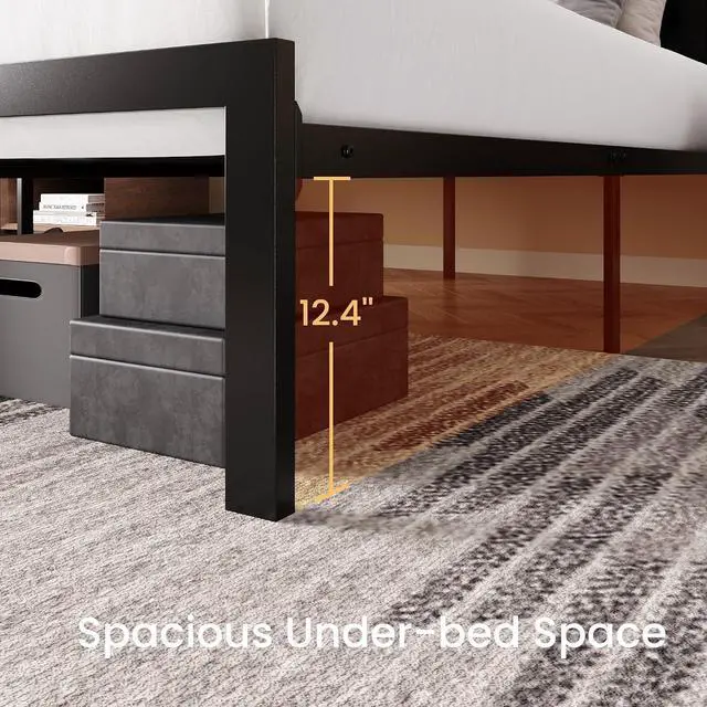 Alt view image 4 of 7 - Queen Size Metal Bed Frame with PU Tufted Headboard, Black | Modern Design Heavy-Duty Platform Bed, No Box Spring Need, PU Leather Upholstery, Noise Free, Easy Assembly