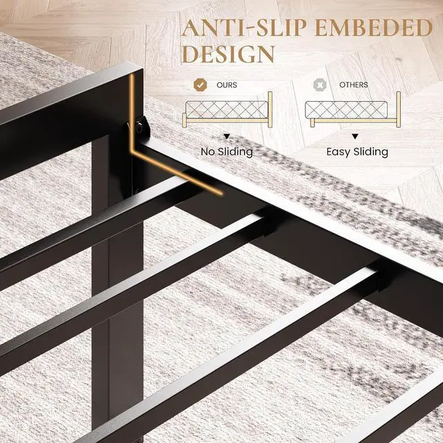 Alt view image 5 of 7 - Queen Size Metal Bed Frame with PU Tufted Headboard, Black | Modern Design Heavy-Duty Platform Bed, No Box Spring Need, PU Leather Upholstery, Noise Free, Easy Assembly