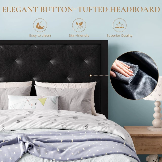 Alt view image 3 of 7 - Twin Size Metal Bed Frame with PU Tufted Headboard, Black | Modern Design Heavy-Duty Platform Bed, No Box Spring Need, PU Leather Upholstery, Noise Free, Easy Assembly
