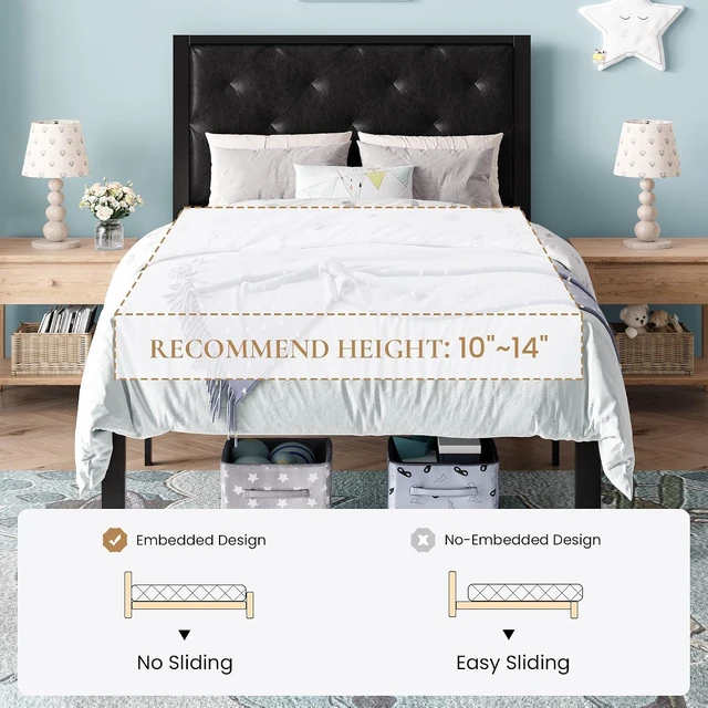 Alt view image 7 of 7 - Twin Size Metal Bed Frame with PU Tufted Headboard, Black | Modern Design Heavy-Duty Platform Bed, No Box Spring Need, PU Leather Upholstery, Noise Free, Easy Assembly