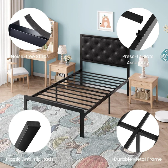 Alt view image 6 of 7 - Twin Size Metal Bed Frame with PU Tufted Headboard, Black | Modern Design Heavy-Duty Platform Bed, No Box Spring Need, PU Leather Upholstery, Noise Free, Easy Assembly