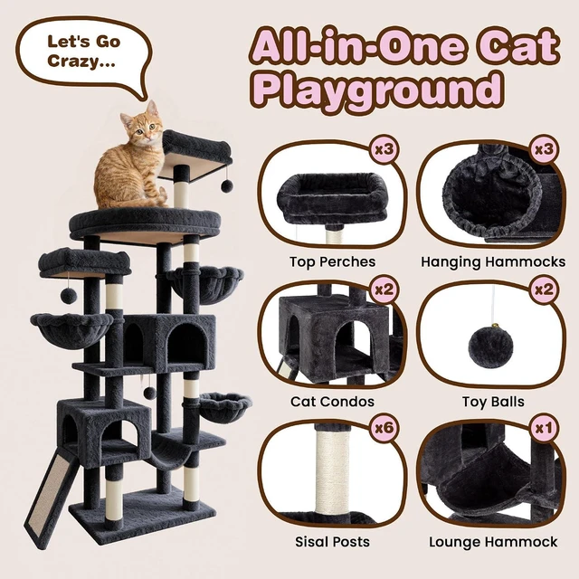 Alt view image 3 of 7 - 82 inch Cat Tree Tower, Multi-Level Cat Condo with Plush Perches, Sisal Scratching Posts, Hammock and Toys, Stable Cat Tower for Kittens and Adult Cats, Dark Grey