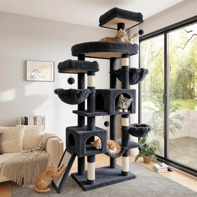 Main image of 82 inch Cat Tree Tower, Multi-Level Cat Condo with Plush Perches, Sisal Scratching Posts, Hammock and Toys, Stable Cat Tower for Kittens and Adult Cats, Dark Grey