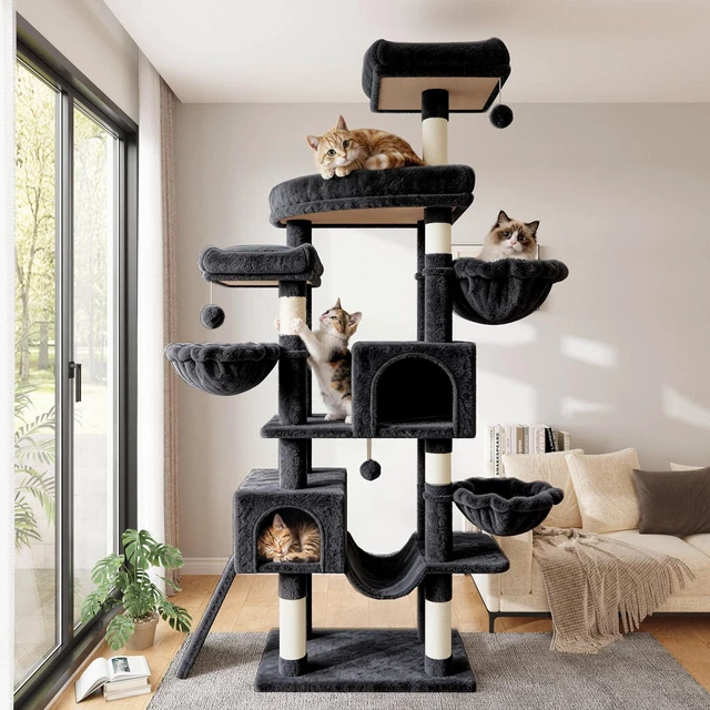 Alt view image 2 of 7 - 82 inch Cat Tree Tower, Multi-Level Cat Condo with Plush Perches, Sisal Scratching Posts, Hammock and Toys, Stable Cat Tower for Kittens and Adult Cats, Dark Grey