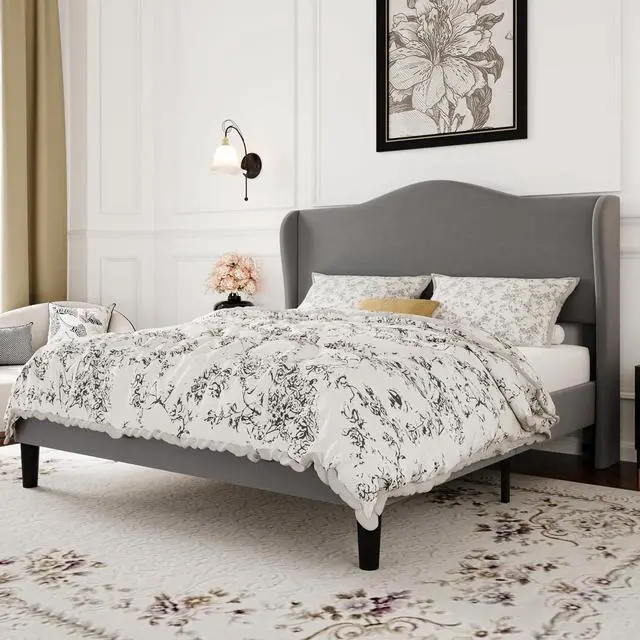 Alt view image 3 of 7 - Full Size Velvet Platform Bed Frame with Elegant Wingback Headboard, Modern & Luxurious Design, Sturdy Wooden Slats, No Box Spring Required, Easy Assembly, Noise-Free, Soft Grey