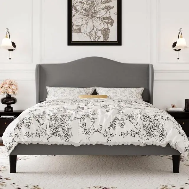 Main image of Full Size Velvet Platform Bed Frame with Elegant Wingback Headboard, Modern & Luxurious Design, Sturdy Wooden Slats, No Box Spring Required, Easy Assembly, Noise-Free, Soft Grey