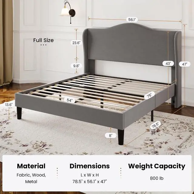 Alt view image 2 of 7 - Full Size Velvet Platform Bed Frame with Elegant Wingback Headboard, Modern & Luxurious Design, Sturdy Wooden Slats, No Box Spring Required, Easy Assembly, Noise-Free, Soft Grey