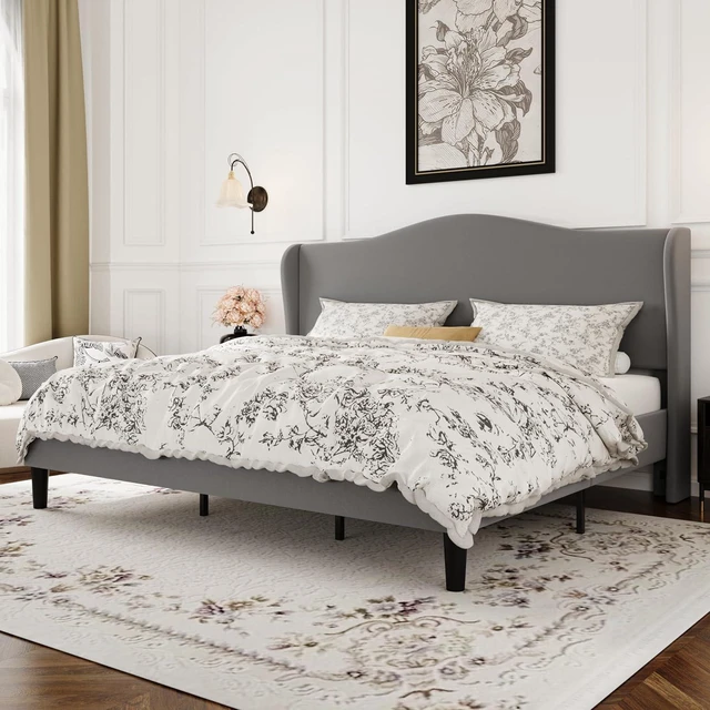 Main image of King Size Velvet Platform Bed Frame with Elegant Wingback Headboard, Modern & Luxurious Design, Sturdy Wooden Slats, No Box Spring Required, Easy Assembly, Noise-Free, Soft Grey