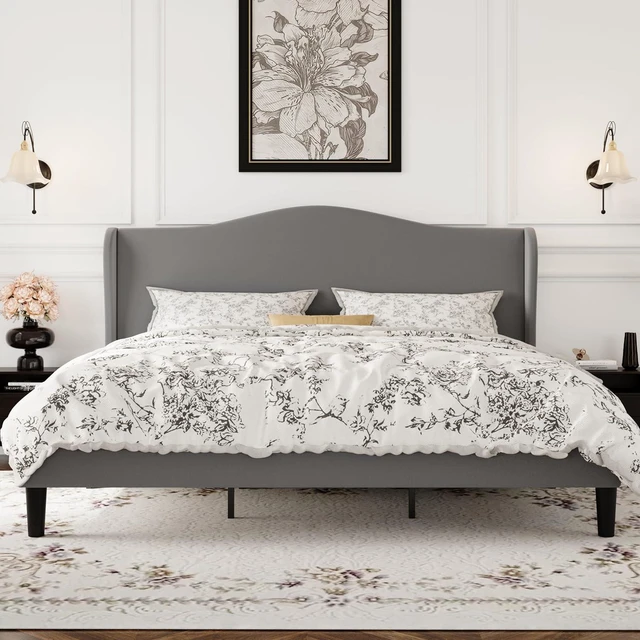 Alt view image 2 of 7 - King Size Velvet Platform Bed Frame with Elegant Wingback Headboard, Modern & Luxurious Design, Sturdy Wooden Slats, No Box Spring Required, Easy Assembly, Noise-Free, Soft Grey