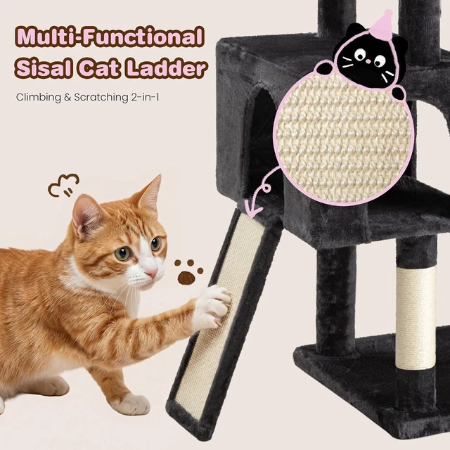 Alt view image 6 of 7 - 82 inch Cat Tree Tower, Multi-Level Cat Condo with Plush Perches, Sisal Scratching Posts, Hammock and Toys, Stable Cat Tower for Kittens and Adult Cats, Dark Grey