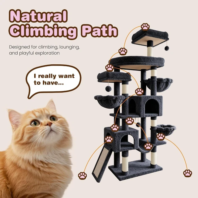 Alt view image 7 of 7 - 82 inch Cat Tree Tower, Multi-Level Cat Condo with Plush Perches, Sisal Scratching Posts, Hammock and Toys, Stable Cat Tower for Kittens and Adult Cats, Dark Grey