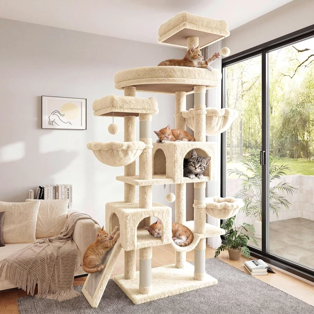 Main image of 82 inch Cat Tree Tower, Multi-Level Cat Condo with Plush Perches, Sisal Scratching Posts, Hammock and Toys, Stable Cat Tower for Kittens and Adult Cats, Beige
