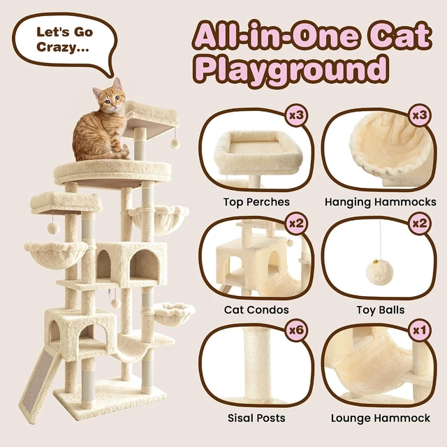 Alt view image 3 of 7 - 82 inch Cat Tree Tower, Multi-Level Cat Condo with Plush Perches, Sisal Scratching Posts, Hammock and Toys, Stable Cat Tower for Kittens and Adult Cats, Beige