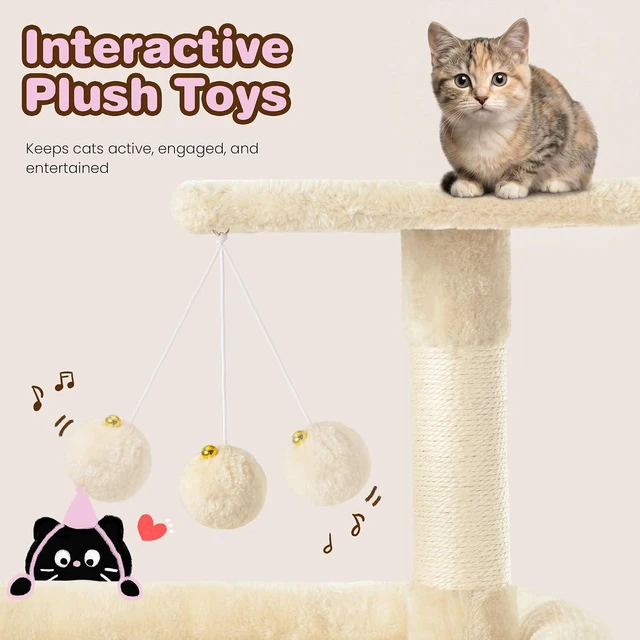 Alt view image 4 of 7 - 82 inch Cat Tree Tower, Multi-Level Cat Condo with Plush Perches, Sisal Scratching Posts, Hammock and Toys, Stable Cat Tower for Kittens and Adult Cats, Beige