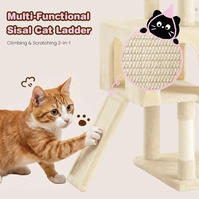 Alt view image 6 of 7 - 82 inch Cat Tree Tower, Multi-Level Cat Condo with Plush Perches, Sisal Scratching Posts, Hammock and Toys, Stable Cat Tower for Kittens and Adult Cats, Beige