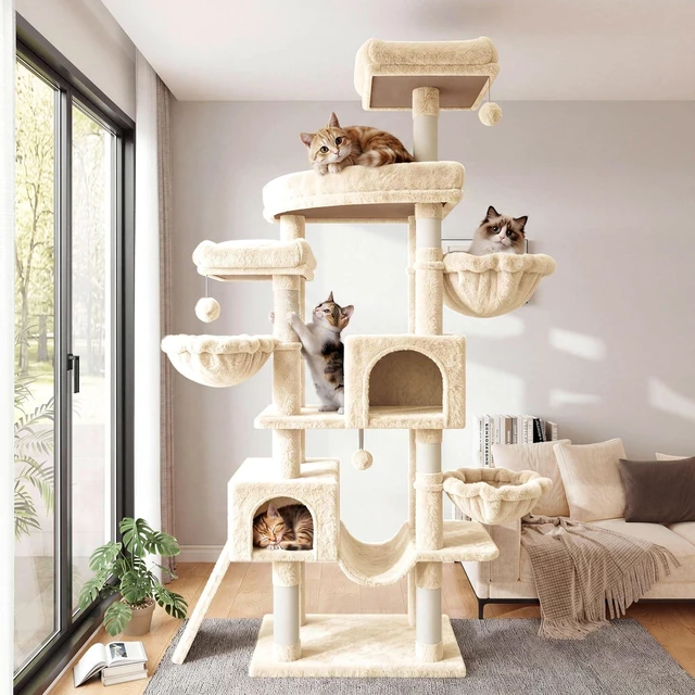 Alt view image 2 of 7 - 82 inch Cat Tree Tower, Multi-Level Cat Condo with Plush Perches, Sisal Scratching Posts, Hammock and Toys, Stable Cat Tower for Kittens and Adult Cats, Beige