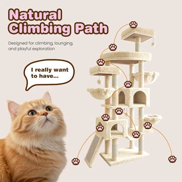 Alt view image 7 of 7 - 82 inch Cat Tree Tower, Multi-Level Cat Condo with Plush Perches, Sisal Scratching Posts, Hammock and Toys, Stable Cat Tower for Kittens and Adult Cats, Beige