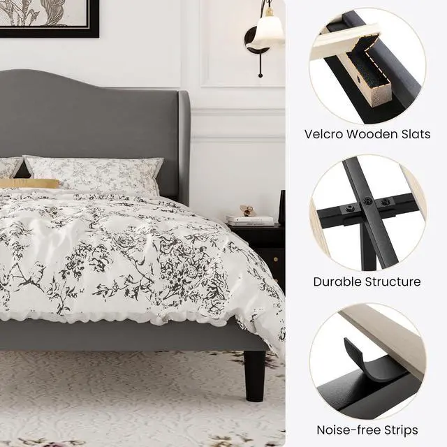 Alt view image 6 of 7 - Full Size Velvet Platform Bed Frame with Elegant Wingback Headboard, Modern & Luxurious Design, Sturdy Wooden Slats, No Box Spring Required, Easy Assembly, Noise-Free, Soft Grey