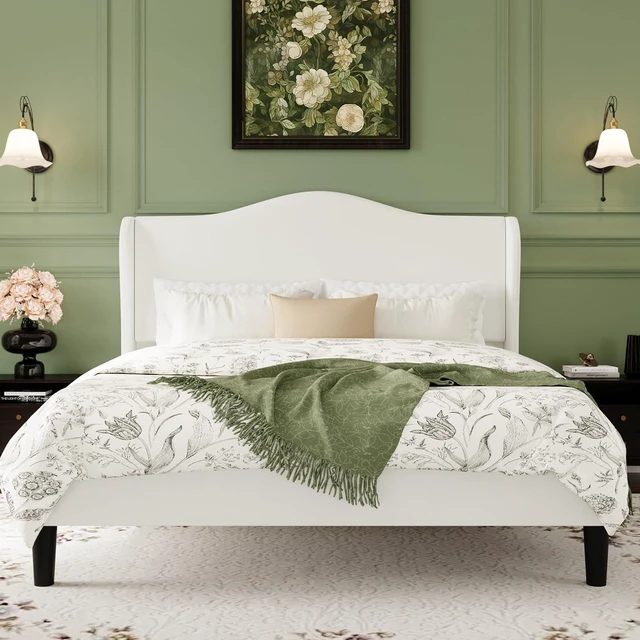 Main image of Full Size Velvet Platform Bed Frame with Elegant Wingback Headboard, Modern & Luxurious Design, Sturdy Wooden Slats, No Box Spring Required, Easy Assembly, Noise-Free, Soft White